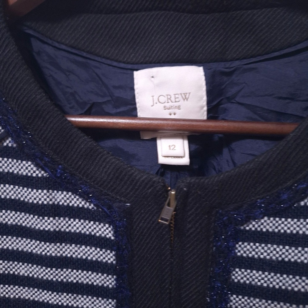 J.Crew Factory Striped Tweed Cropped Blazer Sz 12 Zip Jacket Navy Career Preppy‎ - Picture 6 of 13